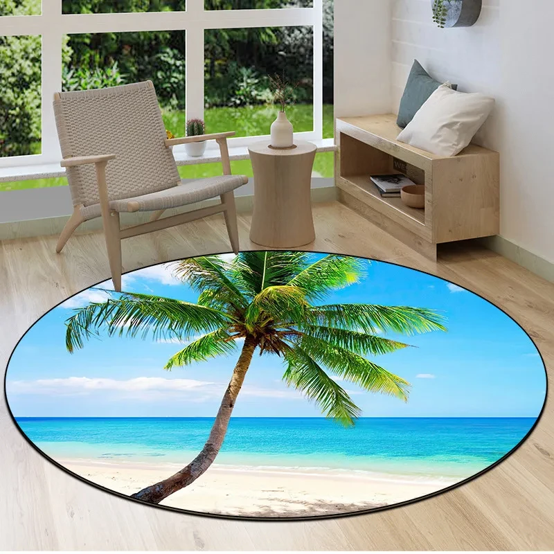 Palm Tree Beach Round Rug Ocean Landscape Circle Carpet Tropical Hawaii Sea Scenery Armchair Floor Mat Living Room Bedroom Mats