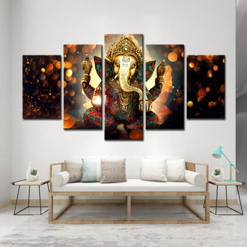 Hd Printed 5 Piece Canvas Art Indian God Ganesha Elephant Painting Wall Pictures For Living Room Modern Canvas Wall Painting