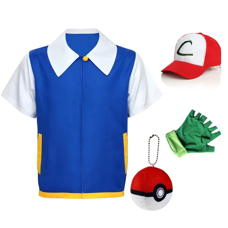 Anime Little Wisdom Elf Ball carnival Costume Ash Ketchum P-Poke Kids Cosplay Costume Halloween Boys Blue Jacket Gloves Hat SET