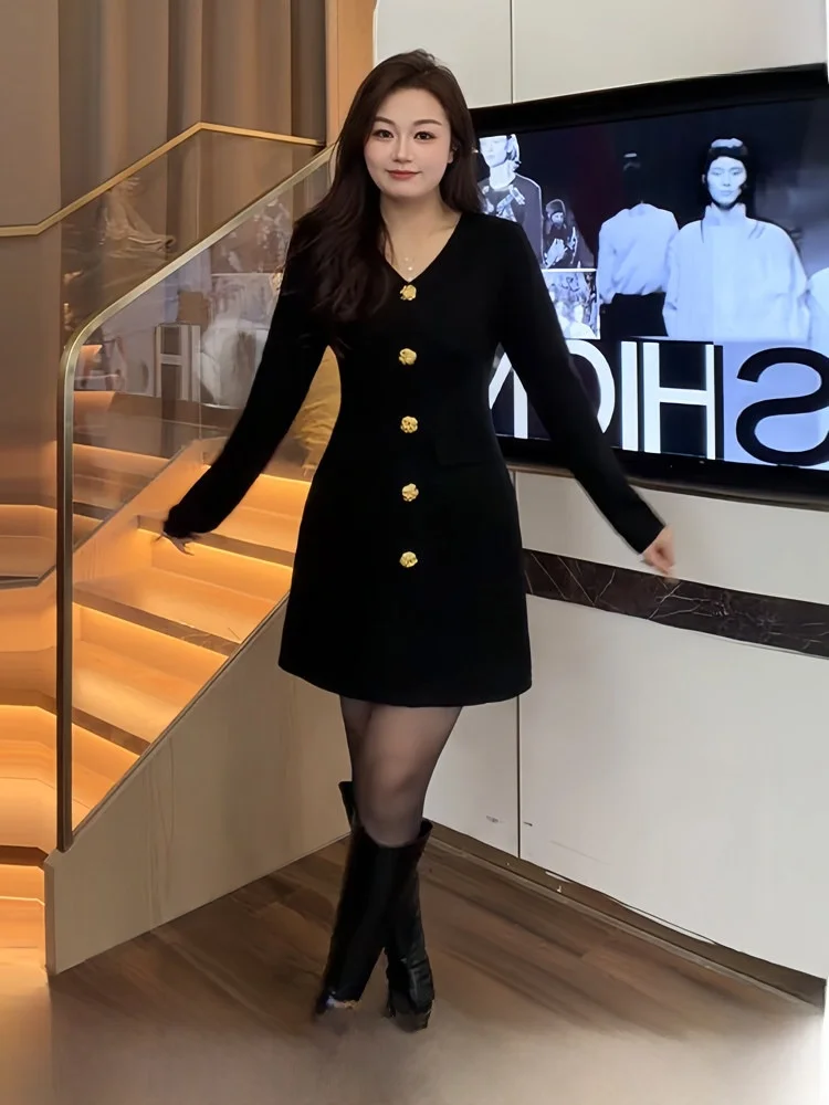 

Ele V-Ne Bla Dr Slim Fit Long Sve Women's Winter Faion High Waist A-Line Skirt for plus Size Ladies