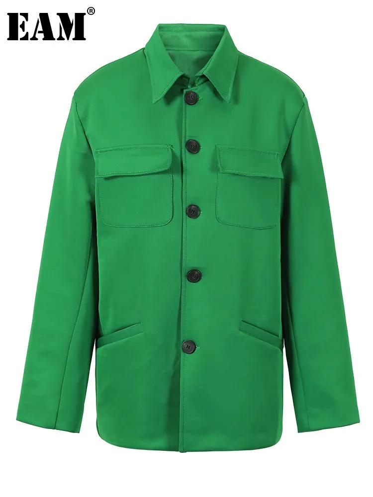 

[EAM] Женский зеленый толстый повседневный пиджак большого размера, новый свободный пиджак с лацканами и длинными рукавами, модная весна-осень 2024 CPG0763