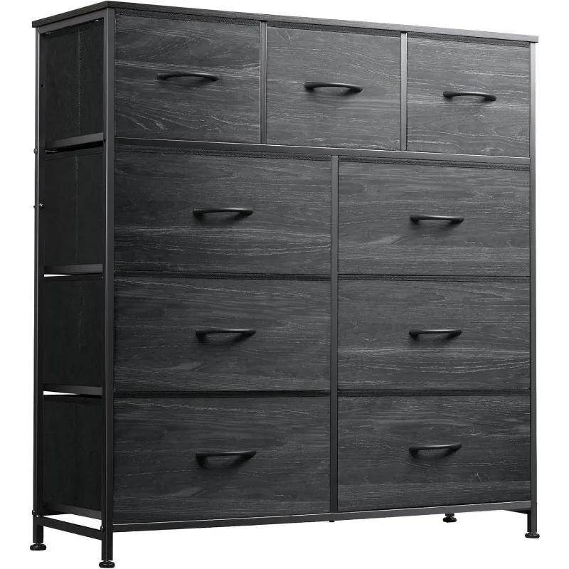 

9 Drawer Dresser, Fabric Storage Tower for Bedroom, Entryway, Closet, Easy Pull Handles, Charcoal Black Woodgrain Print