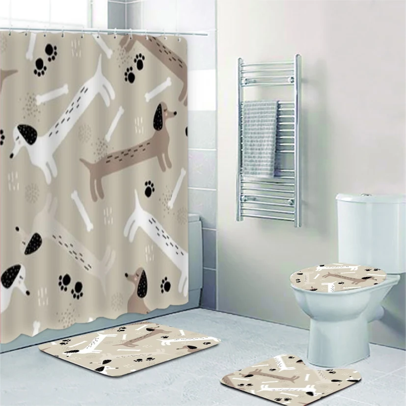 Scandinavian Baby Dachshunds Shower Curtain Set for Kid Bathroom Decor Nordic Sausage Dog Bath Mats Rug Toilet Accessories