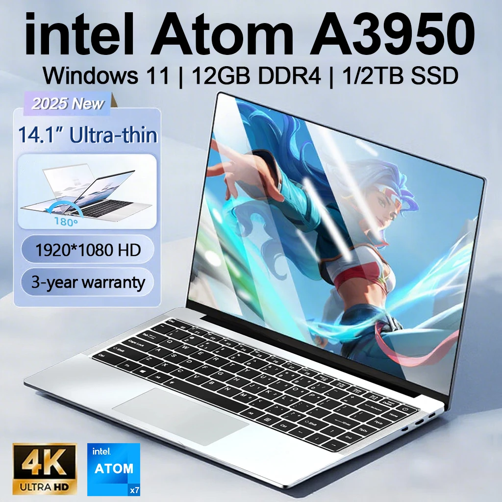 

14.1'' Slim Laptop Intel Atom x7 A3950 Windows 11 Pro 12GB RAM 512GB 1TB SSD 1920*1080 180° Office Study Notebook Computer PC