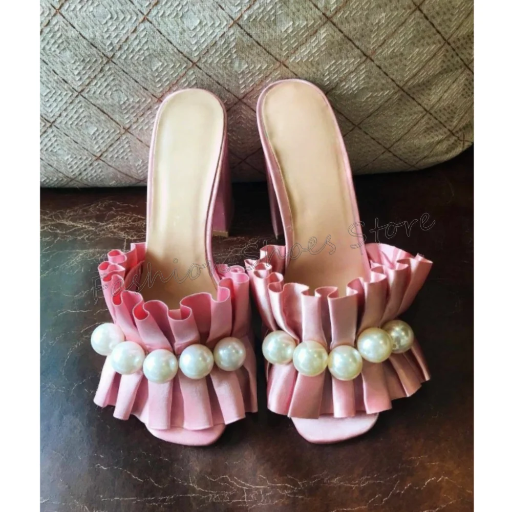 

Pink Ruffles Pearl Decor Slippers Open Toe Fashion Women Shoes Chunky High Heels Party Banquet Dating 2025 Zapatos Para Mujere