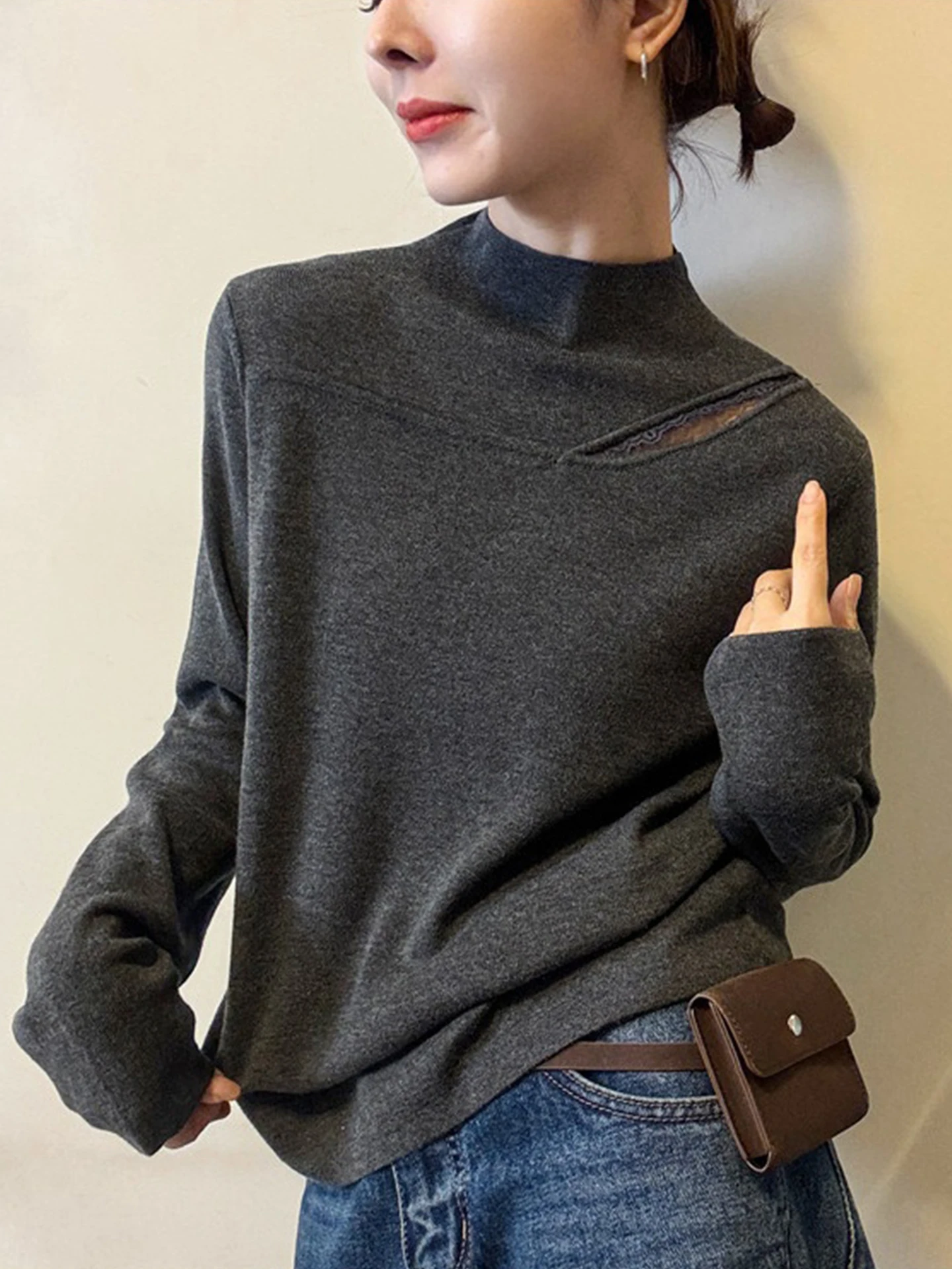 Winter Lace Hollow Knitted Long Sve Top Women's f High Collar Simple Matchable Base irt Korean Sle Commute Faion