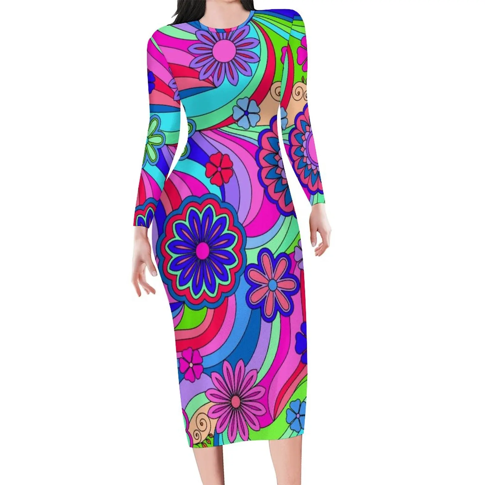 Hippy Flower Power Dress Long Sleeve Colorful Floral Print Street Style Dresses Cute Bodycon Dress Woman Design Big Size Clothes