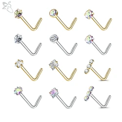 AOEDEJ 1 PC 18/20G L Shape Stainless Steel Nose Stud Star Heart CZ Crystal Nose Ring Gold Color Stars Nostril Piercings Jewelry