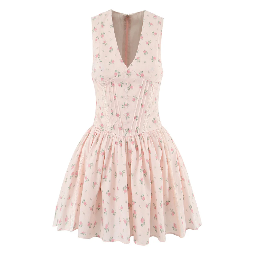 Sweet retro floral pure desire V-neck lace hollow waist mini dress