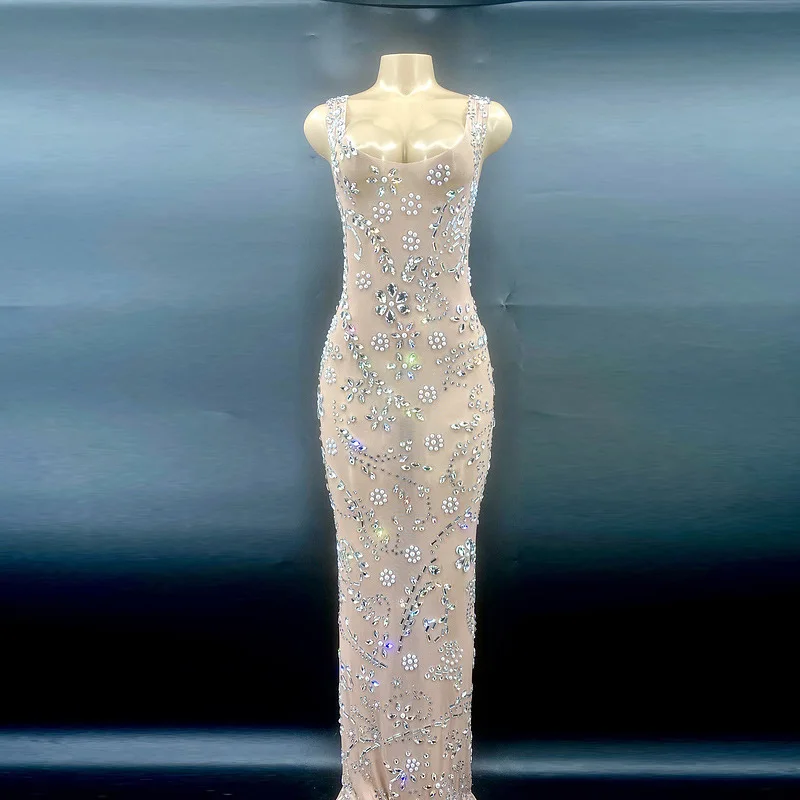 Summer Women's Elegant Shiny Crystal Plus Size Sleeveless Long Evening Dress Sexy For Casual Party Chic And Sweet Evening Dress