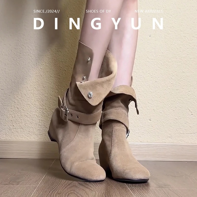 النساء حذاء من الجلد 2025 الخريف الشتاء جديد المرأة الجلد المدبوغ كاوبوي الأحذية لينة جلد الغنم جولة تو حزام مشبك أحذية بوت قصيرة #4
