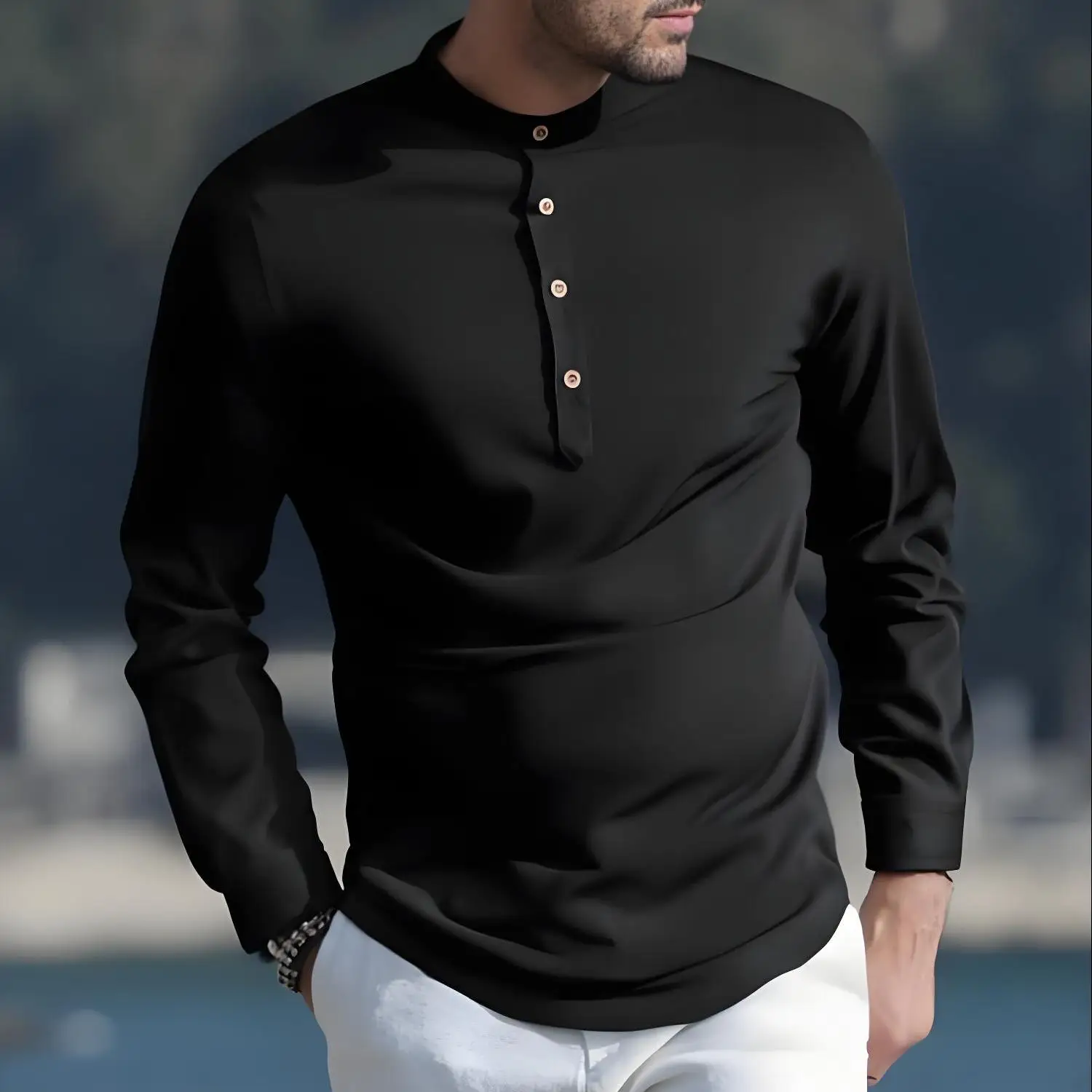 Męskie wiosenne, codzienne, retro koszule z długim rękawem zapinane na guziki, modne męskie bluzki w jednolitym kolorze ze stójką w stylu streetwear.