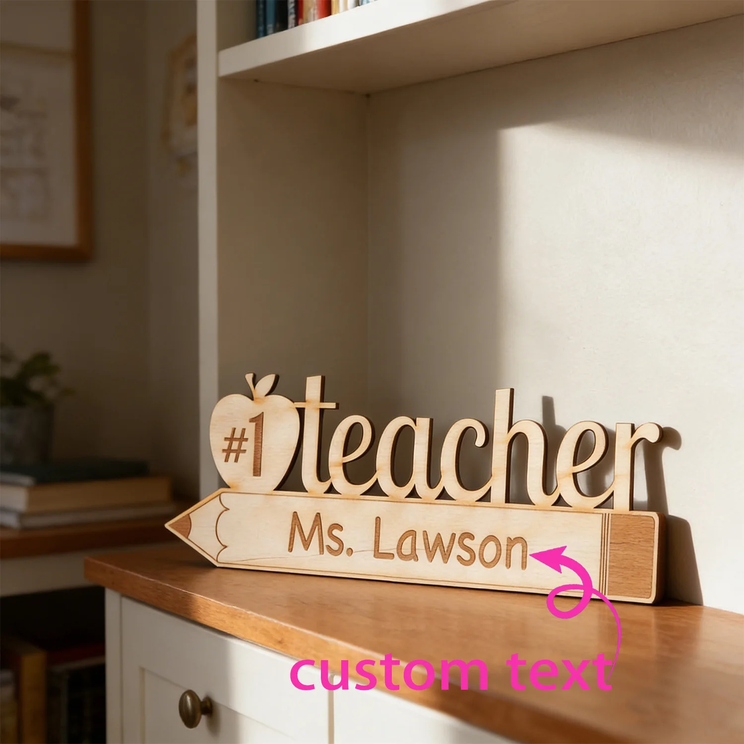 1pc Custom Pencil Apple Teacher Wooden Name Sign Personalized Engraved Text Desk Table Appreciation Gift Decor