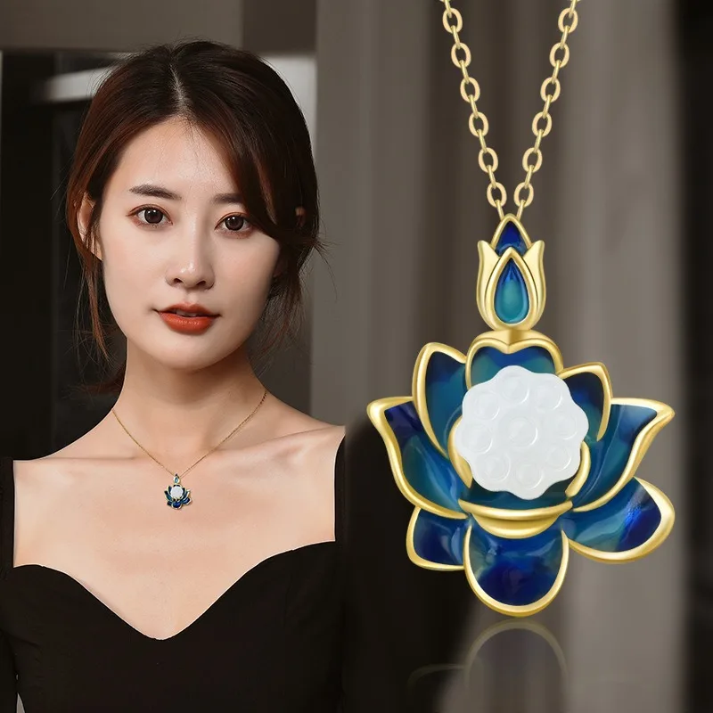 Blue lotus pendant, retro titanium steel collarbone women's chain, lotus pendant, enamel jade pendant necklace