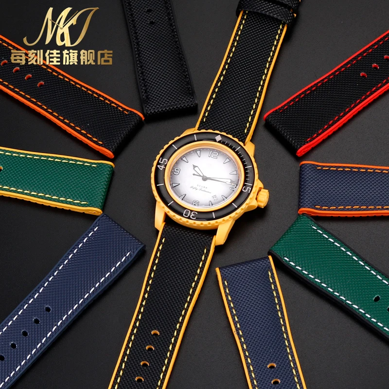 22mm Blue Fluoro Rubber Watchband For Swatch X Blancpain Five Oceans For Fifty Fathoms fashion Watch Strap Men Women wristband