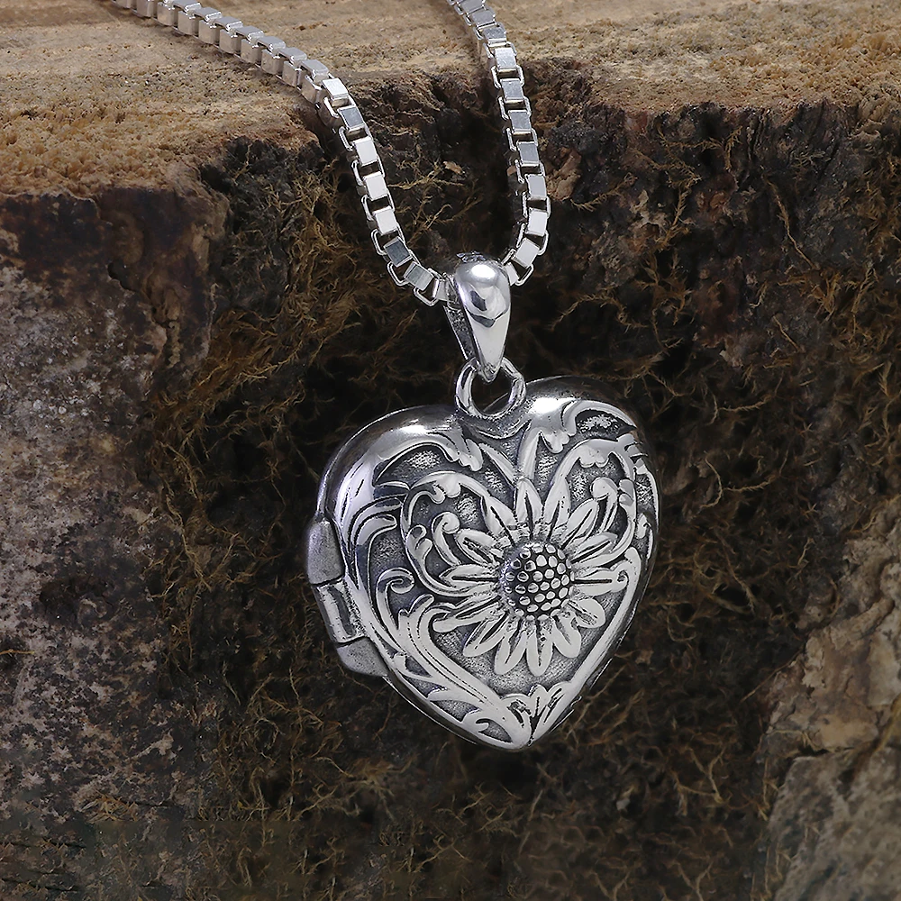 925 Sterling Silver Openable Locket Love Heart Pendant Necklace with Back Onyx Sunflower Engraved Photo Frame Vintage Jewelry view 3