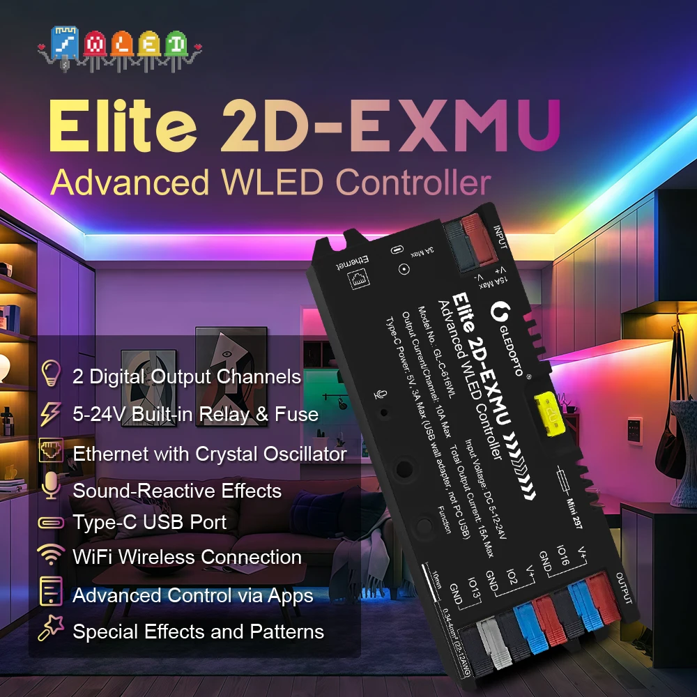 

GL-C-616WL Elite 2D-EXMU Advanced WLED Controller 5V Type-C USB Port 12V 24V WiFi APP Control DIY Ethernet for RGBIC LED Strip