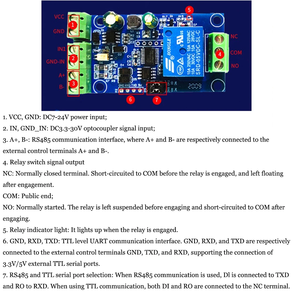 

Modbus RTU Relay Module 1 Channel DC7-24V Power Supply RS485 TTL UART Output 485 Communication TTL Pin Modbus-Rtu Anti-reverse