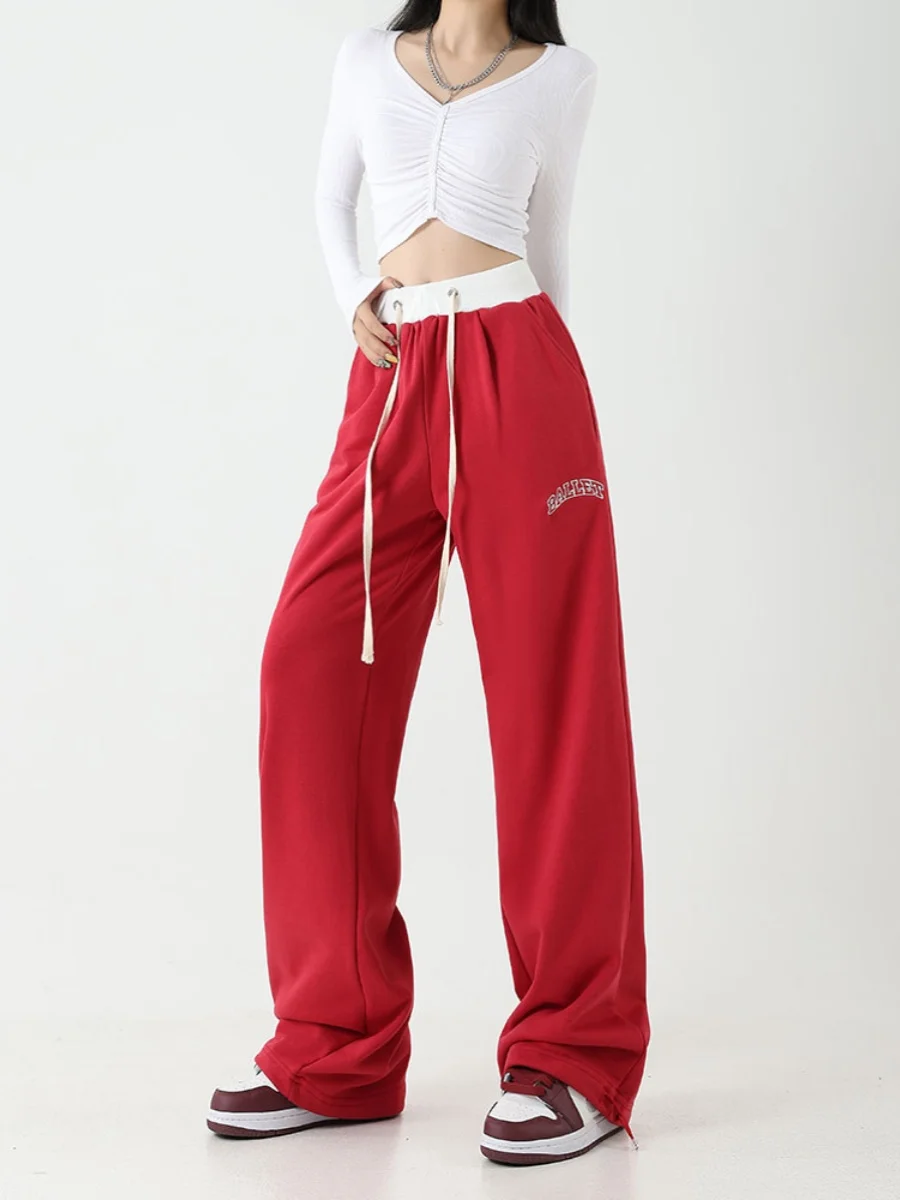 

Американские спортивные брюки с тяжелой вышивкой, красные, для уличных танцев, джаза, спорта, прямого кроя, в стиле хип-хоп, повседневные, длинные, высокого качества