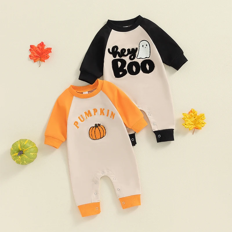 

Baby Boys Halloween Romper Long Sleeve Crew Neck Letter Ghost/Letter Pumpkin Embroidery Casual Jumpsuit