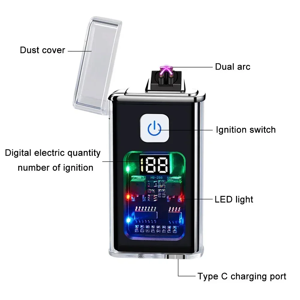 Induction Double Arc Lighter Typc-e Charging Display Charging Digital Ignition Quantity Multi-color Transparent Shell Lighter