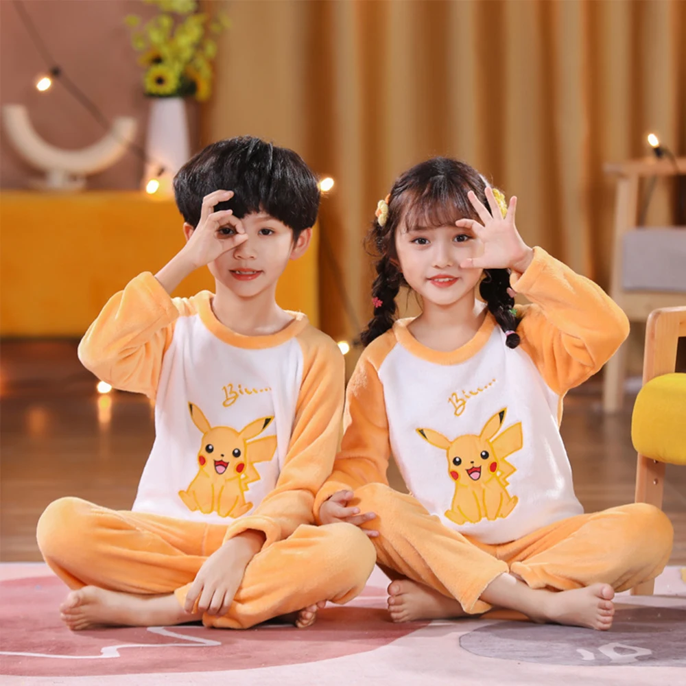 Anime Sanrioed Hello Kitty Children Flannel Pajamas Kawaii Boys Girls Spring and Autumn Cartoon Coral Velvet Home Warm Clothes