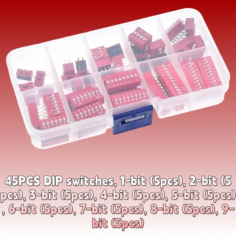 45PCS Dip Switch 2.54mm Foot Distance Coding Switch 1/2/3/4/5/6/7/8/9P Kit Boxed.