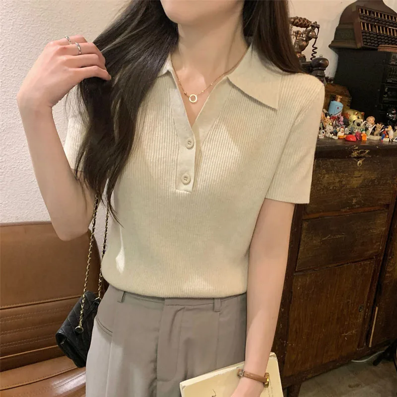 

New Summer Short Sleeve Knitted Sweater Women Pullovers Turn Down Collar Knit Sweater Pullover Women Tops Sueter Feminino Q3950