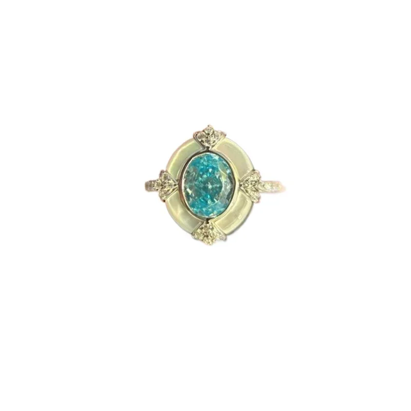 Copper Vintage Palace Style Blue Aquamarine Gemstone Oval White Fritillaria Rings for Women Light Luxury Ring Wedding Jewelry