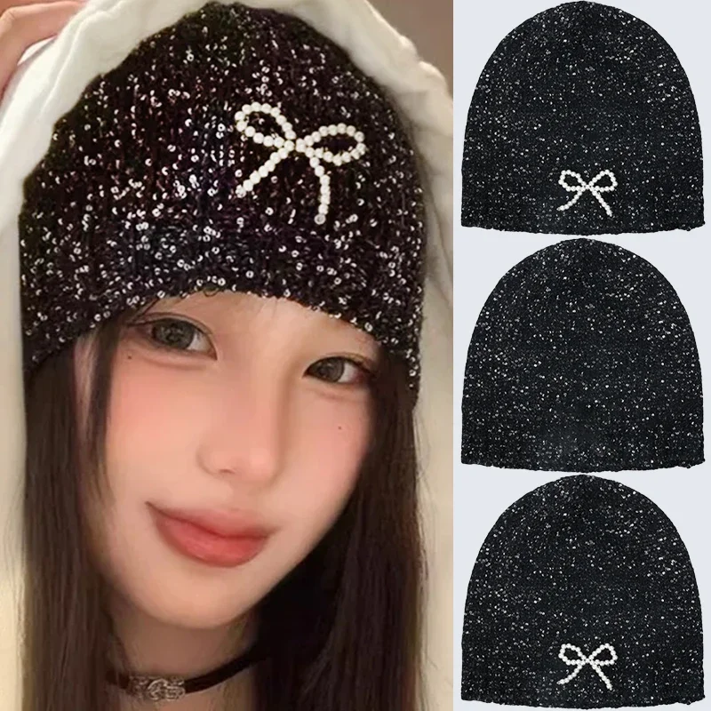 Y2k Dazzling Sequined Hat Lady Gorgeous Sequin Bowknot Cap Girls Comfortable Pearl Bow Knitted Hats Women Autumn Winter Beanie