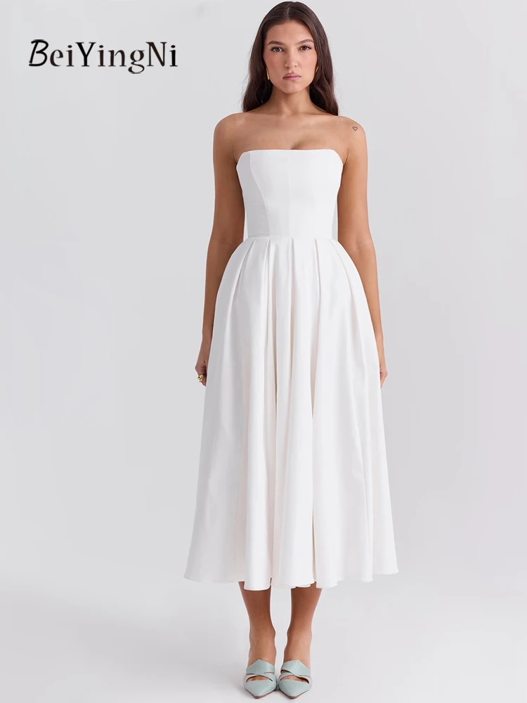 Beiyingni White Corset Dress Women Elegant French Backless Slim Fit A-line Long Dresses Casual Blue Midi Prom Night Club Dress