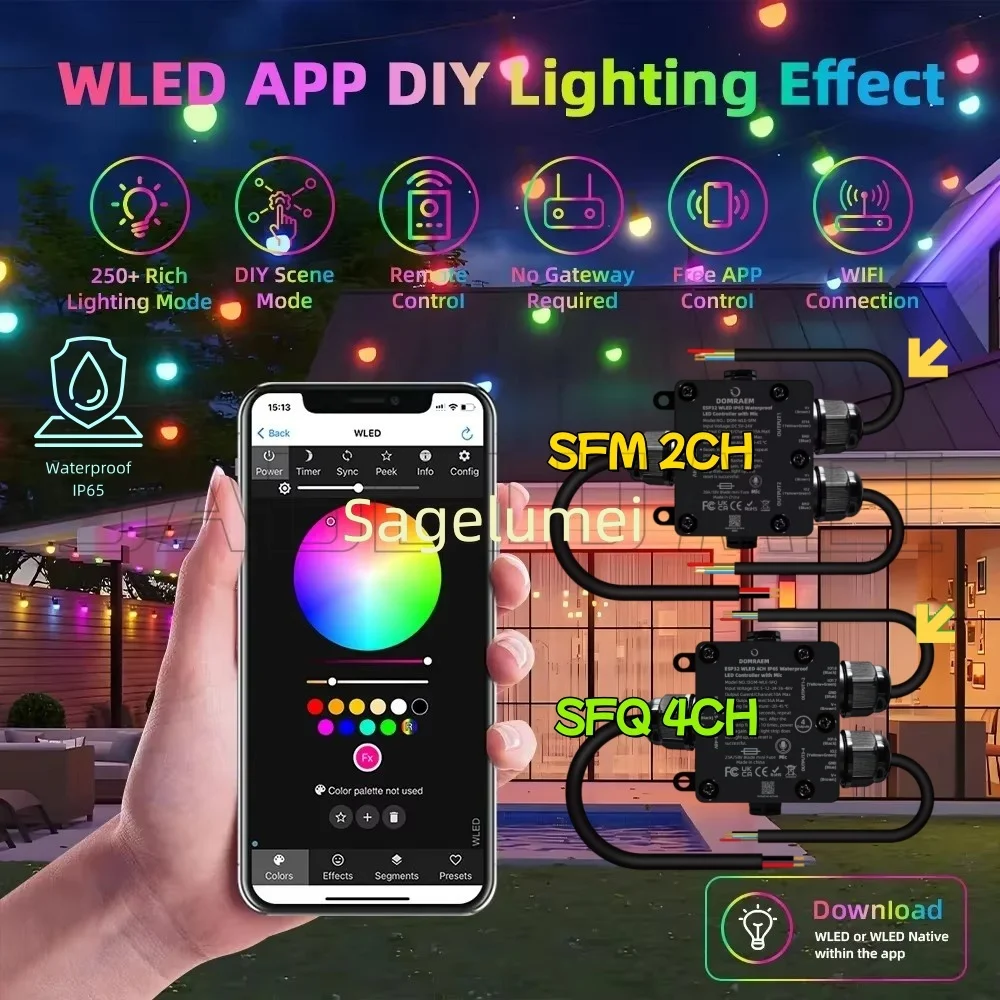 DOM-WLE-SFM/SFQ IP65 DOMRAEM ESP32 WLED 2/4CH LED Controller Outdoor Use 20A Fuse & Music Sync Supports WS281X SK6812 APA102 IC