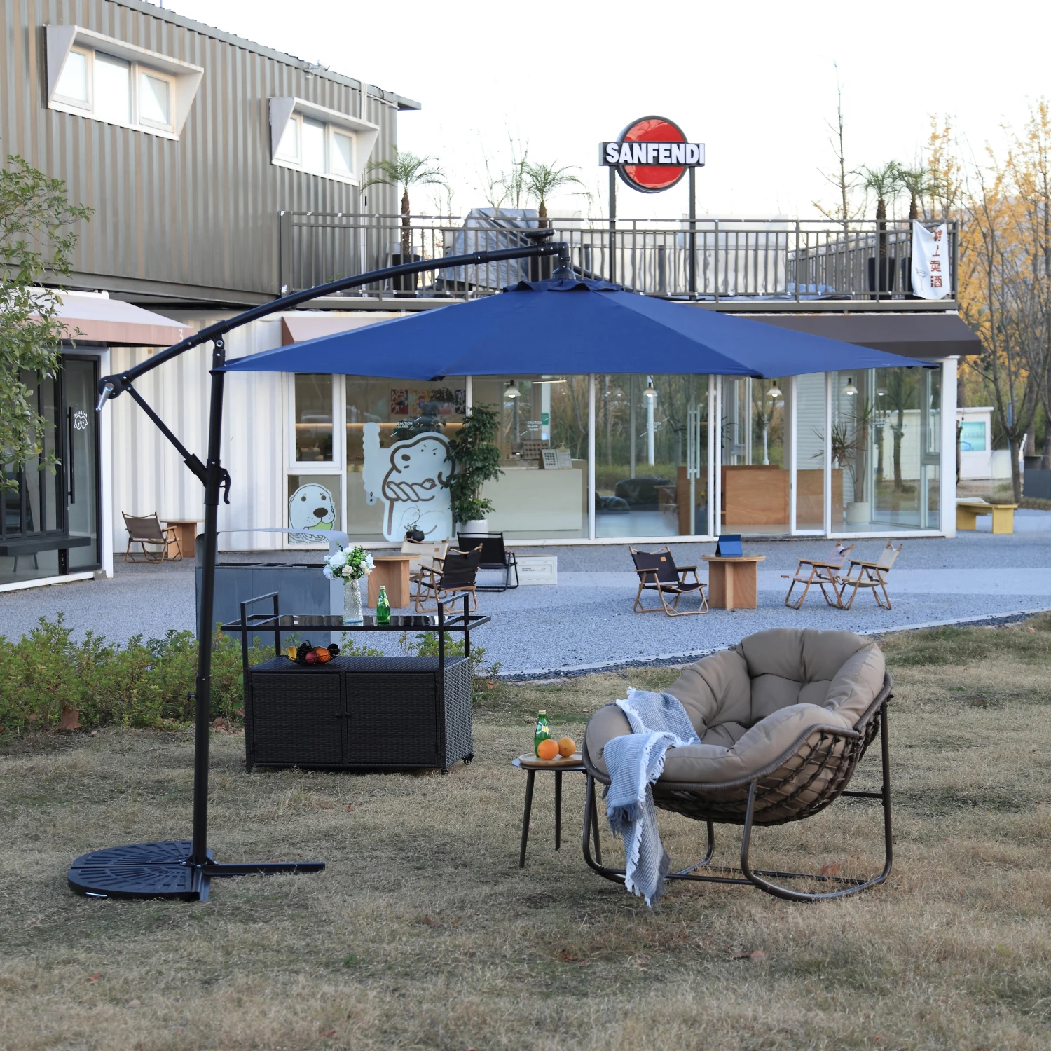 

10ft Solar LED Offset Hanging Market Patio Umbrella (Navy blue )