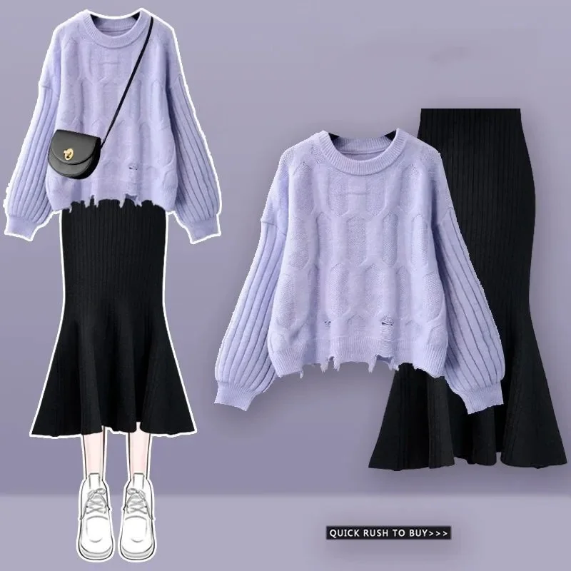 

Women's Spring Autumn Fashion Hole Sweater Pullover Mermaid Skirts 1 or Two Piece Set Lady Graceful Purple Knit Tops Skirt Suits