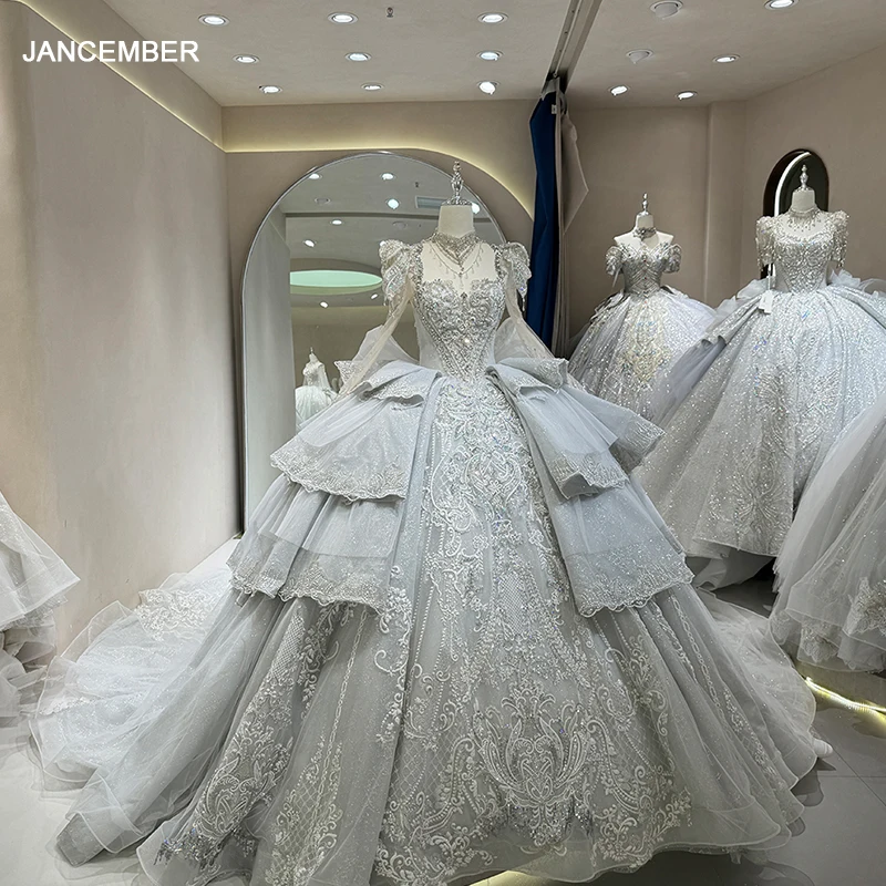 Women's Wedding Dresses Elegant O-Neck Long-Sleeve Lace Ball Gown Puffy Skirt Bridal Gowns Formal Customized فساتين حفل