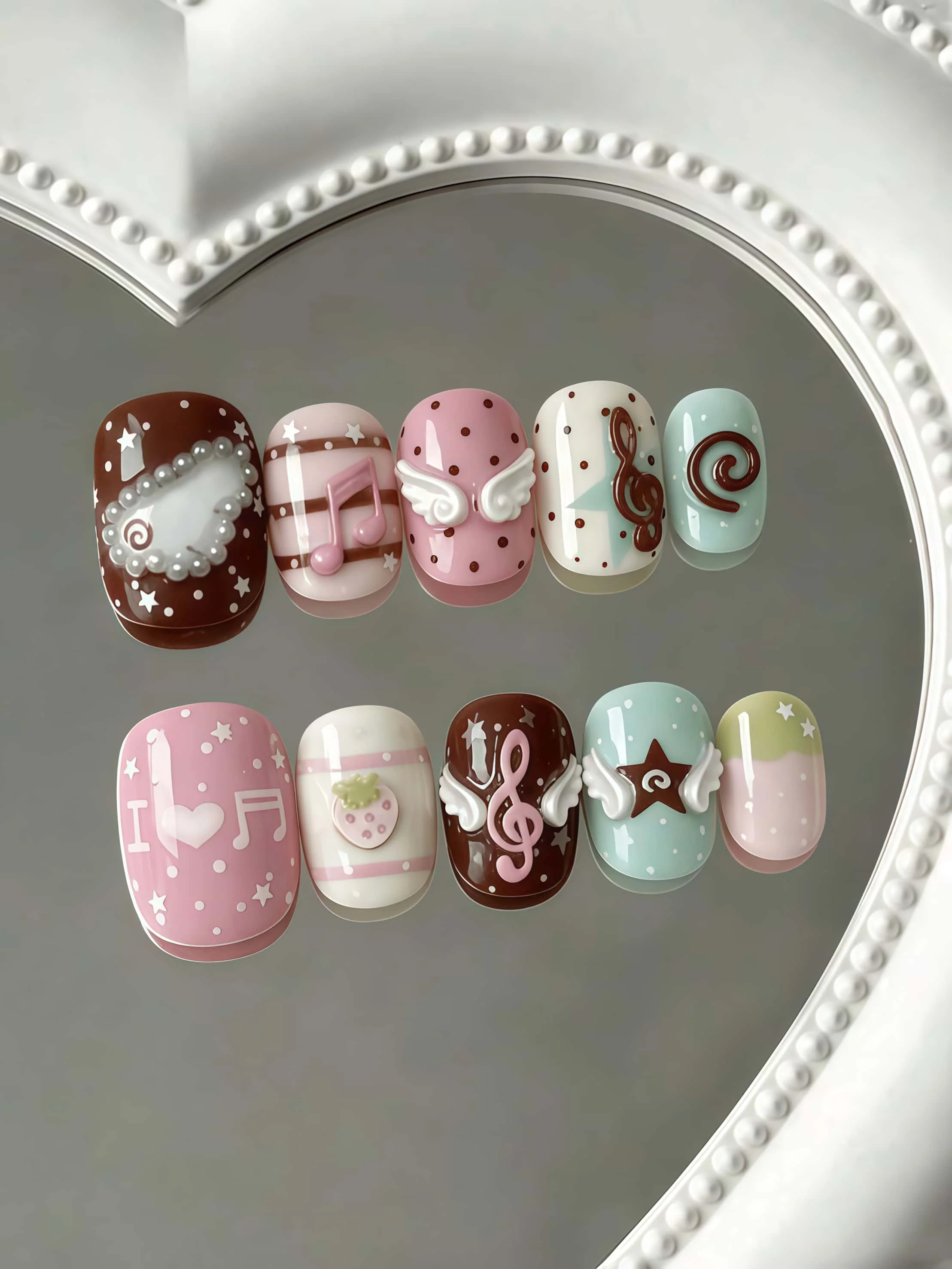 10 Pieces of Short Pink-Brown Musical Note-Themed Sweet and Fun Wearable Nails, in a Soft and Cute Style, Featuring Musical Notes, 3D Wings, and Strawberries, with Contrasting Colors and Hand-Painted 3D Decorations, Suitable for Young Girls and Young Women, Perfect for School, Daily Commuting, and Cute Gatherings, Comes with Jelly Glue and Nail File