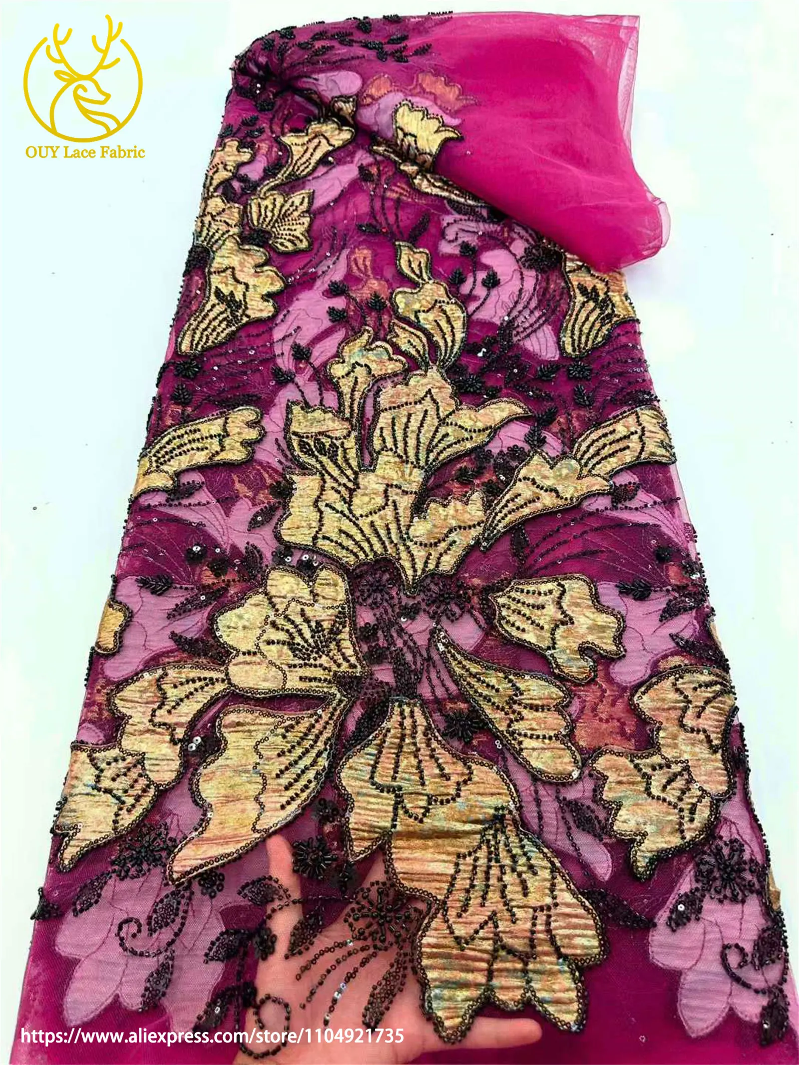 Afrikanischer Jacquard-Perlenstickerei-Spitzenstoff 2026 Französischer Tüll-Pailletten-Spitzenstoff für Damen-Hochzeitskleider Nähmaterial – Detail 3