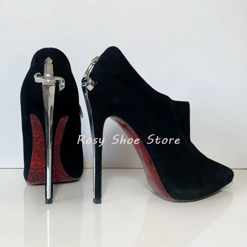 

Vintage Black Suede Novel Silver Gold Metal Scepter Shape Heel Fashion Pumps Sexy Lady Pointed Toe Ankle Side Zipper High Heels