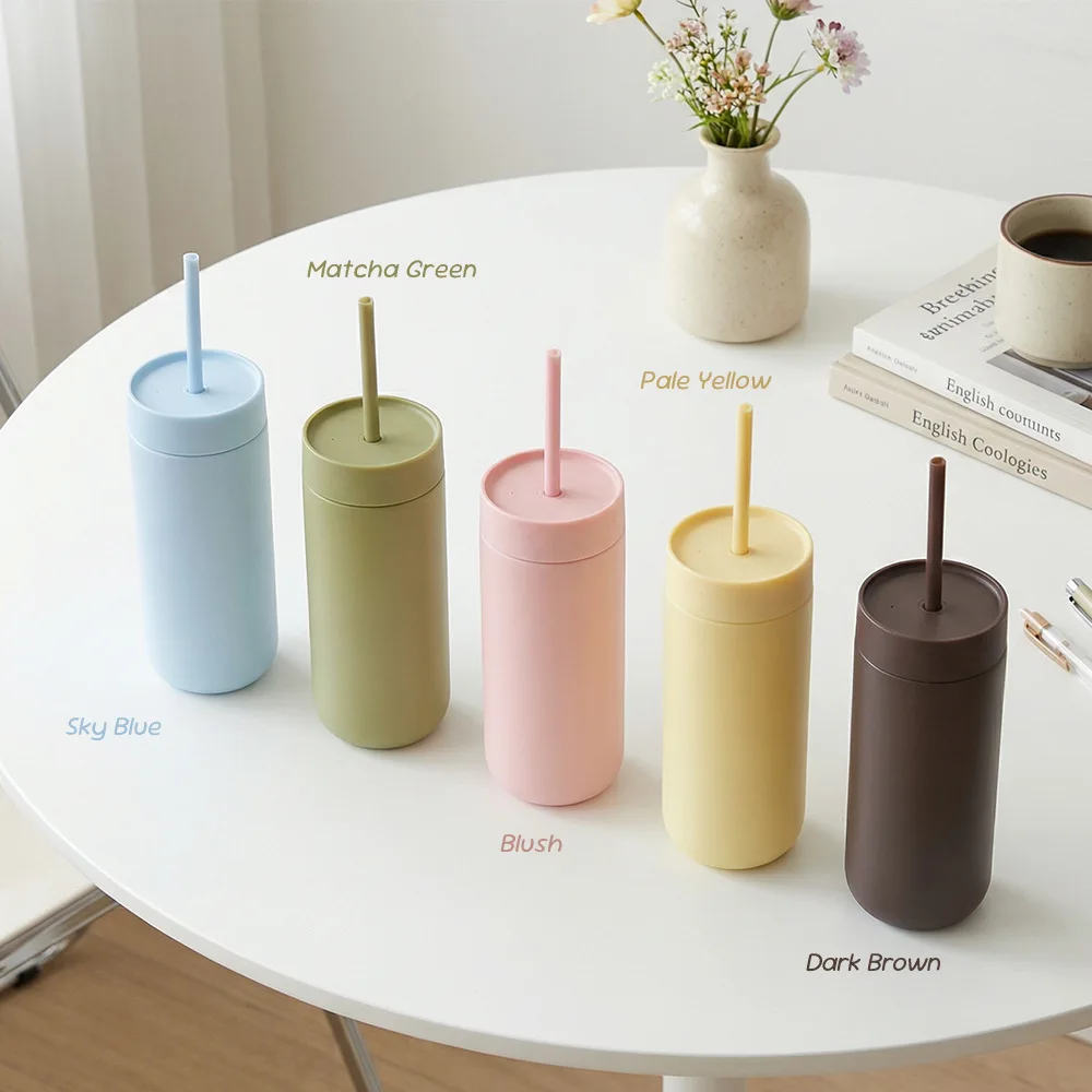 450ml THERMOS Cup/MUG With Straw,Double-layer Stainless Steel Vacuum Drinking Set,Portable Straight-sided Thermal Water Bottle