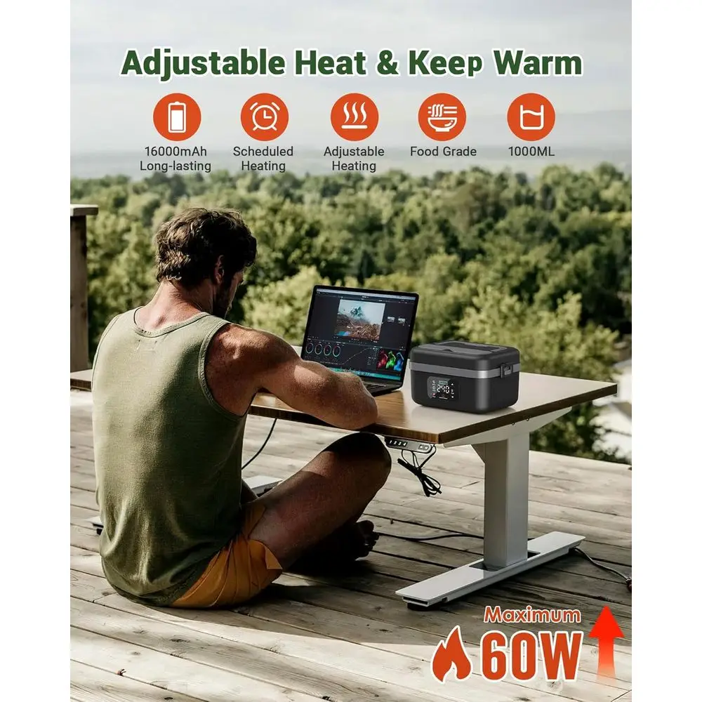 Portable 16000mAh Electric Lunch Warmer, 34oz Capacity with Timer and Adjustable Heat for Adults on-the-go