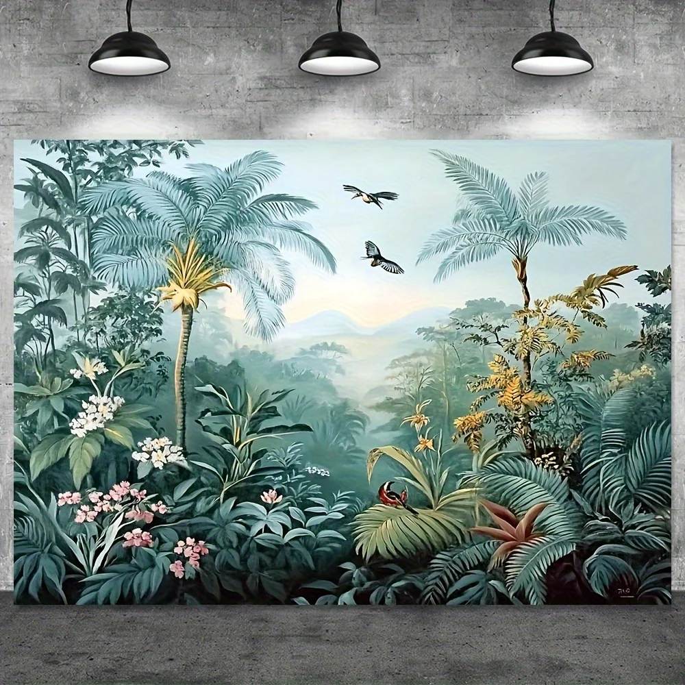 Tapiz de pared de pájaros y selva Tropical, escena de jungla vibrante con follaje exuberante, pájaros coloridos y luz solar brumosa en Durab, 1 ud.