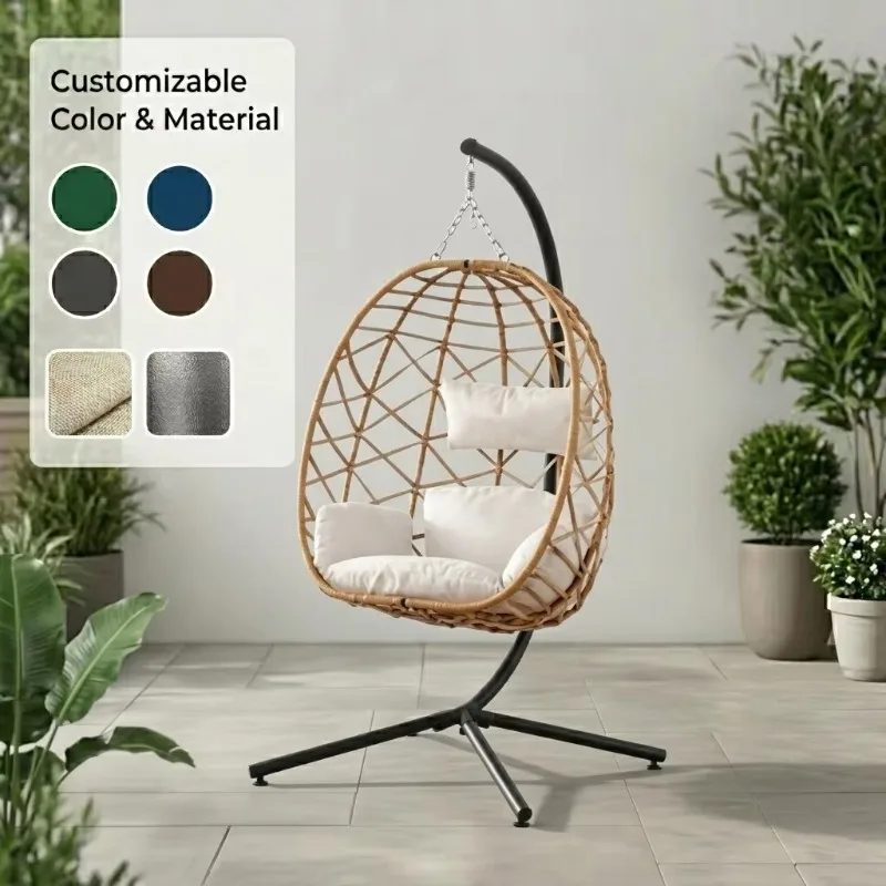 Wicker Rattan Patio Leisure Swing Seat with Cushions Outdoor Lounge Hanging Egg Chair with Stand for Poolside Backyard Terrace