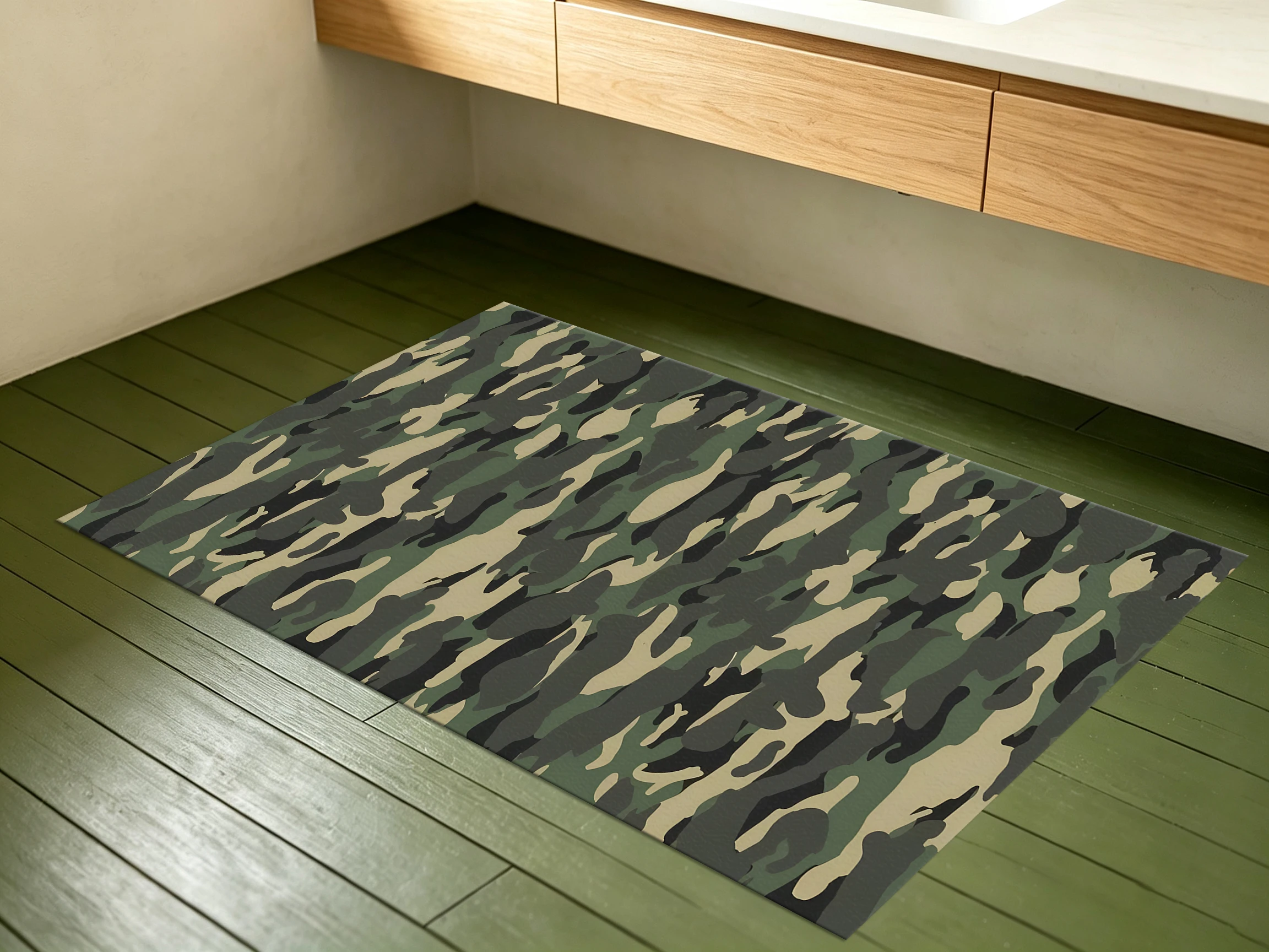 2D Carpet in Military Green Camouflage as a Cool and Trendy Choice for Living Room, Gaming Room, and Bedroom