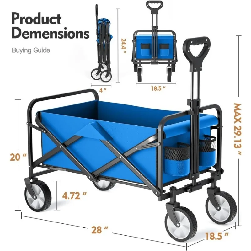 Collapsible Wagon, Folding Wagon Cart Heavy Duty with Side Pocket and Terrain Wheels,Large Capacity Foldable Grocery Beach Wagon