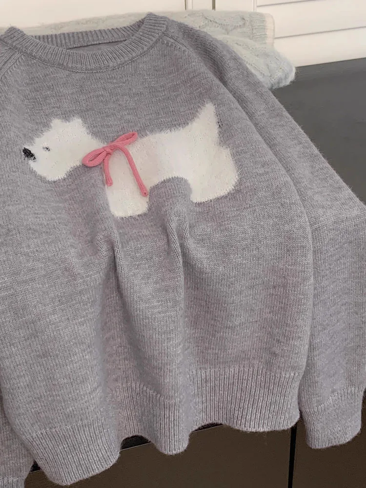 Animal de desenho simples suéter de malha manga comprida jumper com o pescoço elegante pulôveres de arco, moda vintage, streetwear Y2K, outono inverno