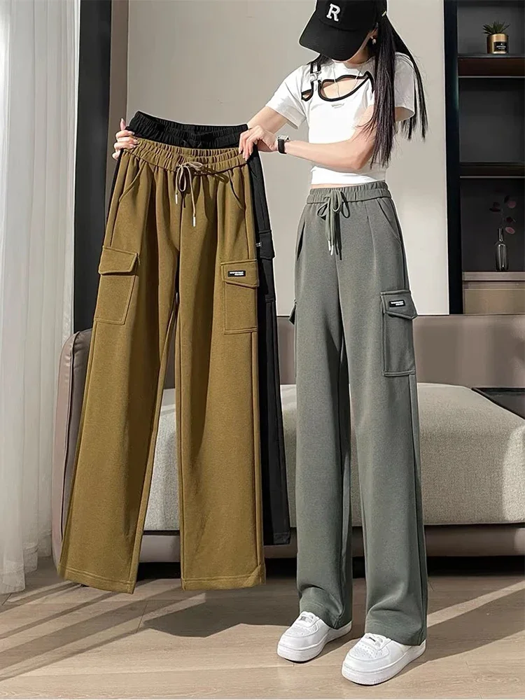 

Lace-up Straight Cargo Pants Loose Fashion Wide Leg Pantalones Classic Women Streetwear Baggy Spodnie Korea High Waist Broek