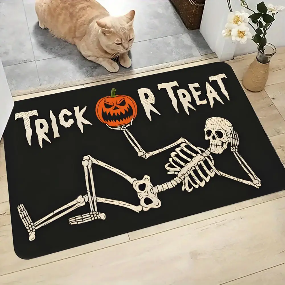 Durable Entrance Mat Skeleton Print Halloween Rug Super Absorbent Bathroom Floor Mat with Anti-slip Backing for Halloween