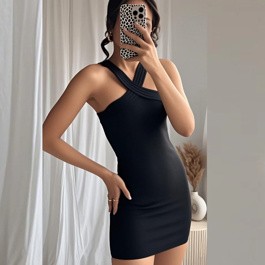 فستان نسائي أسود رسن من HXAO فساتين قصيرة بدون أكمام فساتين قصيرة مكشوفة الأكتاف فستان حفلات مثير من فيستدوس صيف 2025 #4