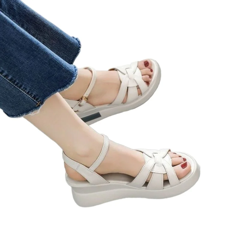 

Casual Retro Hollow Button Open-toe Sandals Fashion Comfortable Slope Heel Sandal 2026 Summer New Women's Sandals