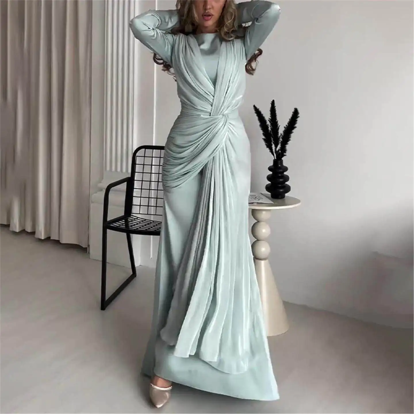 

Women's Slim Fit round Neck Dress Cross Design High Waist Long Skirt Vintage Style Full Sleeve Length Regular Sleeve Type